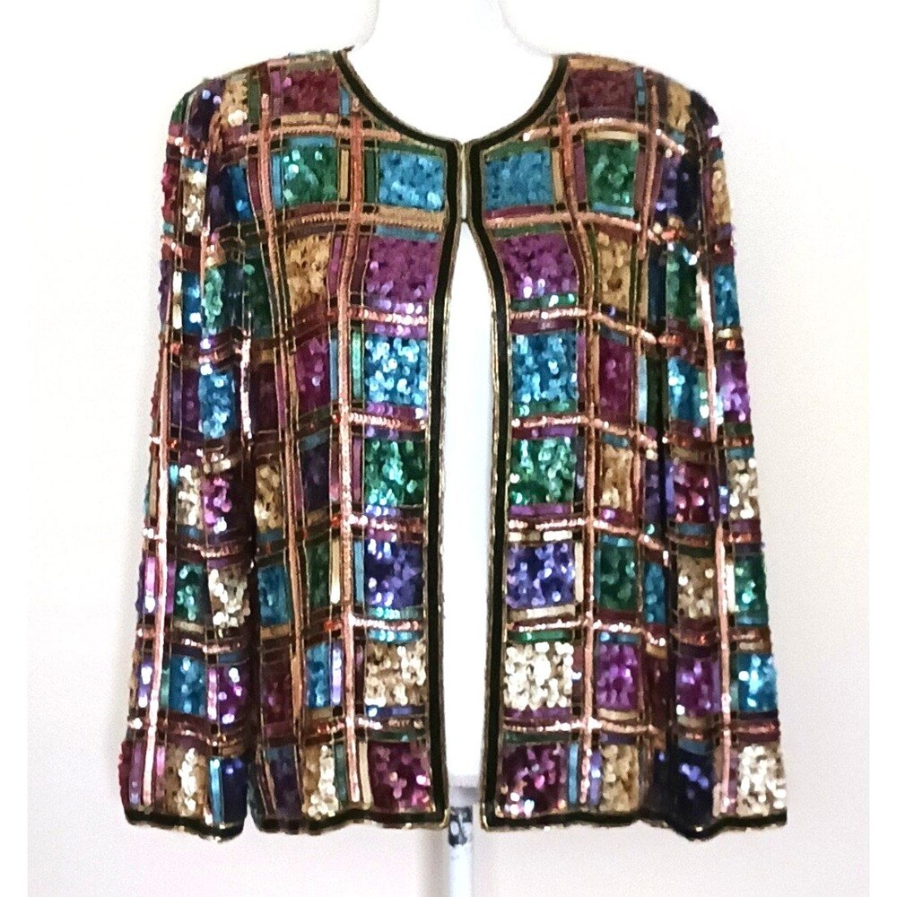 VTG Laurence Kazar Silk Sequin Cocktail Jacket Multicolor Jeweltone Squares M/ L